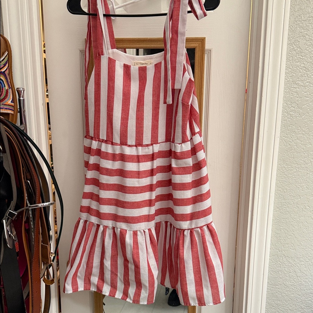 By together linen-feel Red White Striped tiered mini Dress with tie straps